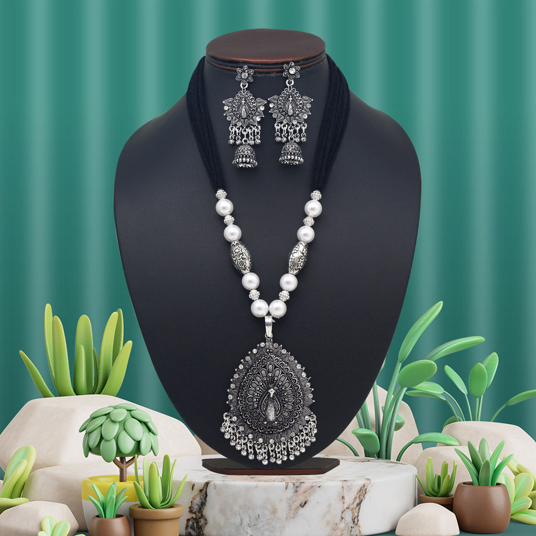 Silver Color Oxidised Necklace Set (GSN2048SLV) - preyans.com