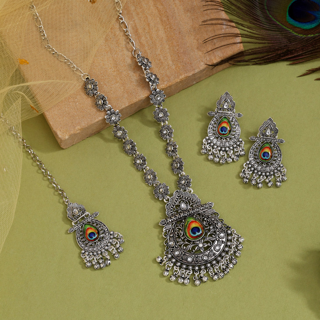 Multi Color Peacock Feather Oxidised Necklace Set (GSN2060MLT) - Preyans.com