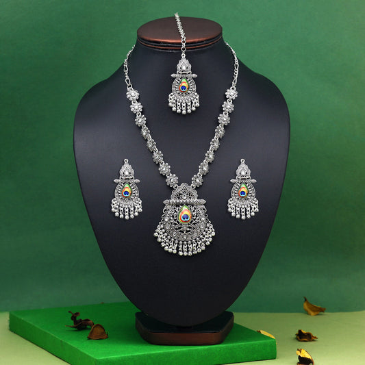 Multi Color Peacock Feather Oxidised Necklace Set (GSN2060MLT) - Preyans.com