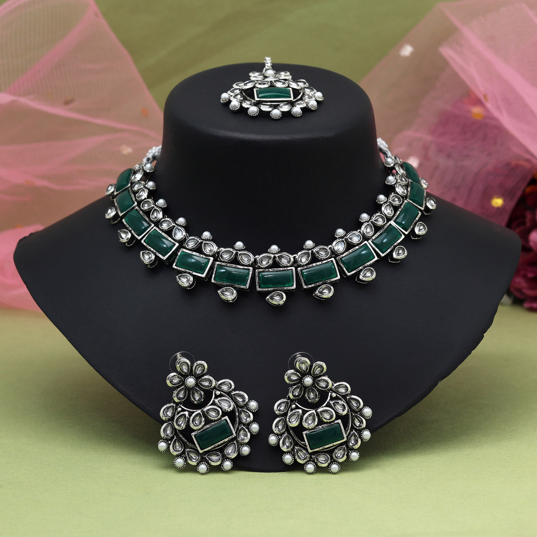 Green Color Oxidised Necklace Set (GSN2062GRN) - Preyans.com