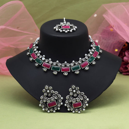 Rani & Green Color Oxidised Necklace Set (GSN2062RNIGRN) - Preyans.com