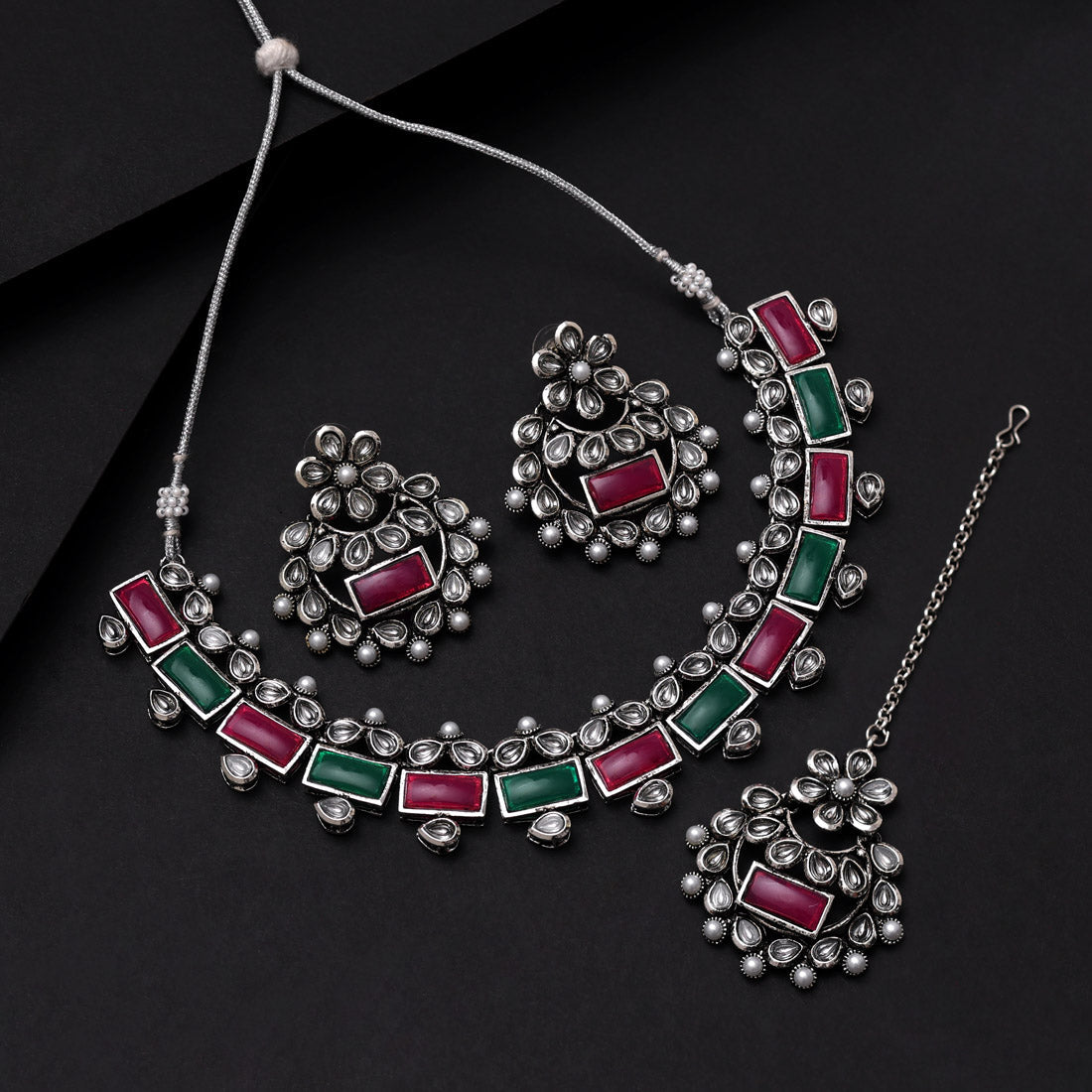 Rani & Green Color Oxidised Necklace Set (GSN2062RNIGRN) - Preyans.com