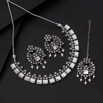 Silver Color Oxidised Necklace Set (GSN2063SLV) - Preyans.com