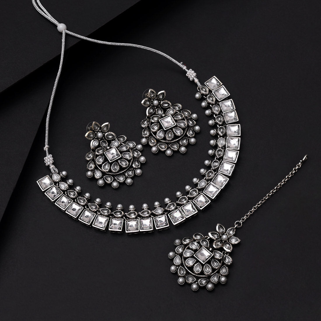 Silver Color Oxidised Necklace Set (GSN2064SLV) - Preyans.com