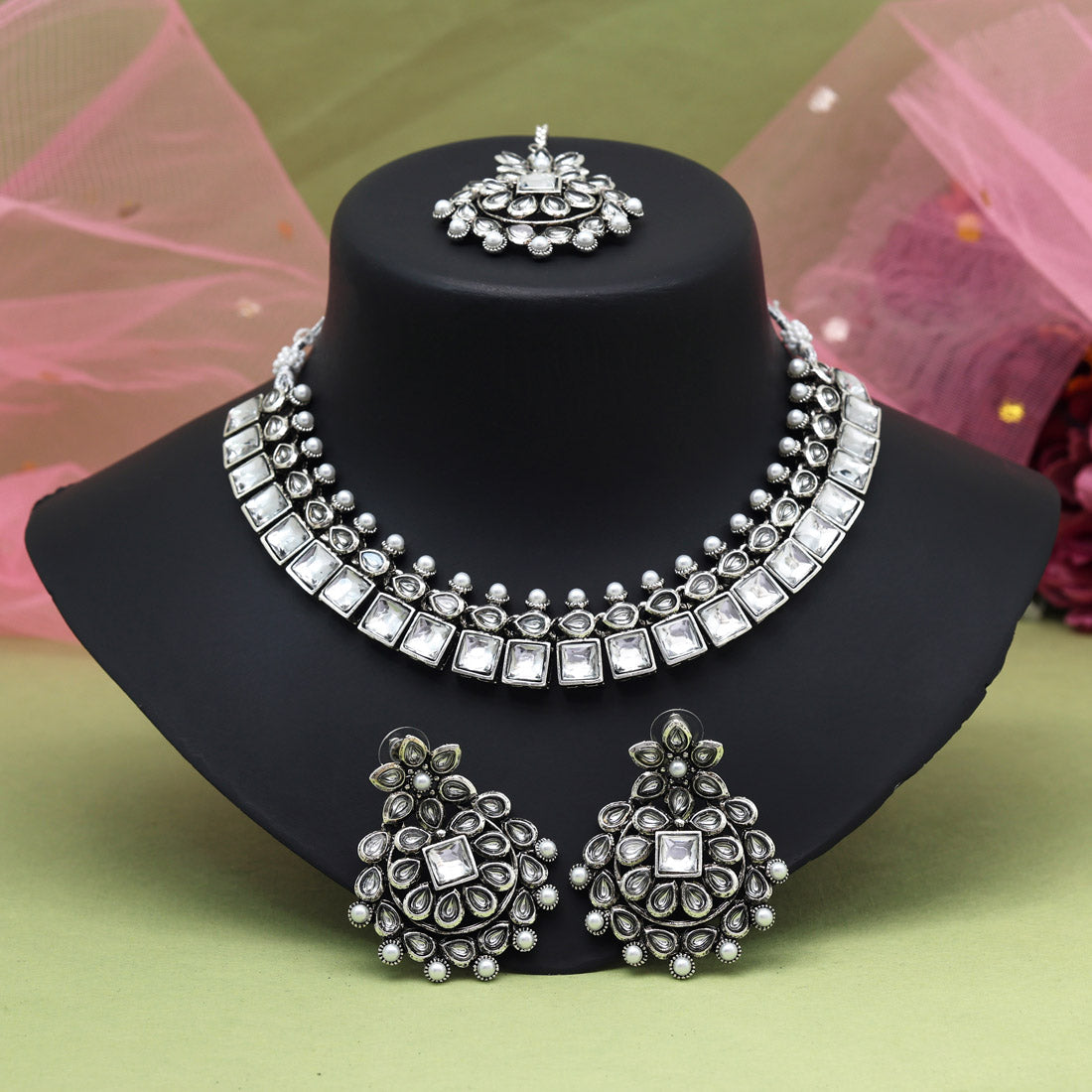 Silver Color Oxidised Necklace Set (GSN2064SLV) - Preyans.com