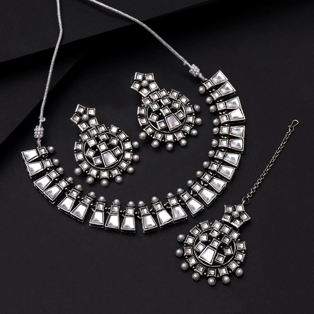 Silver Color Oxidised Necklace Set (GSN2067SLV) - Preyans.com