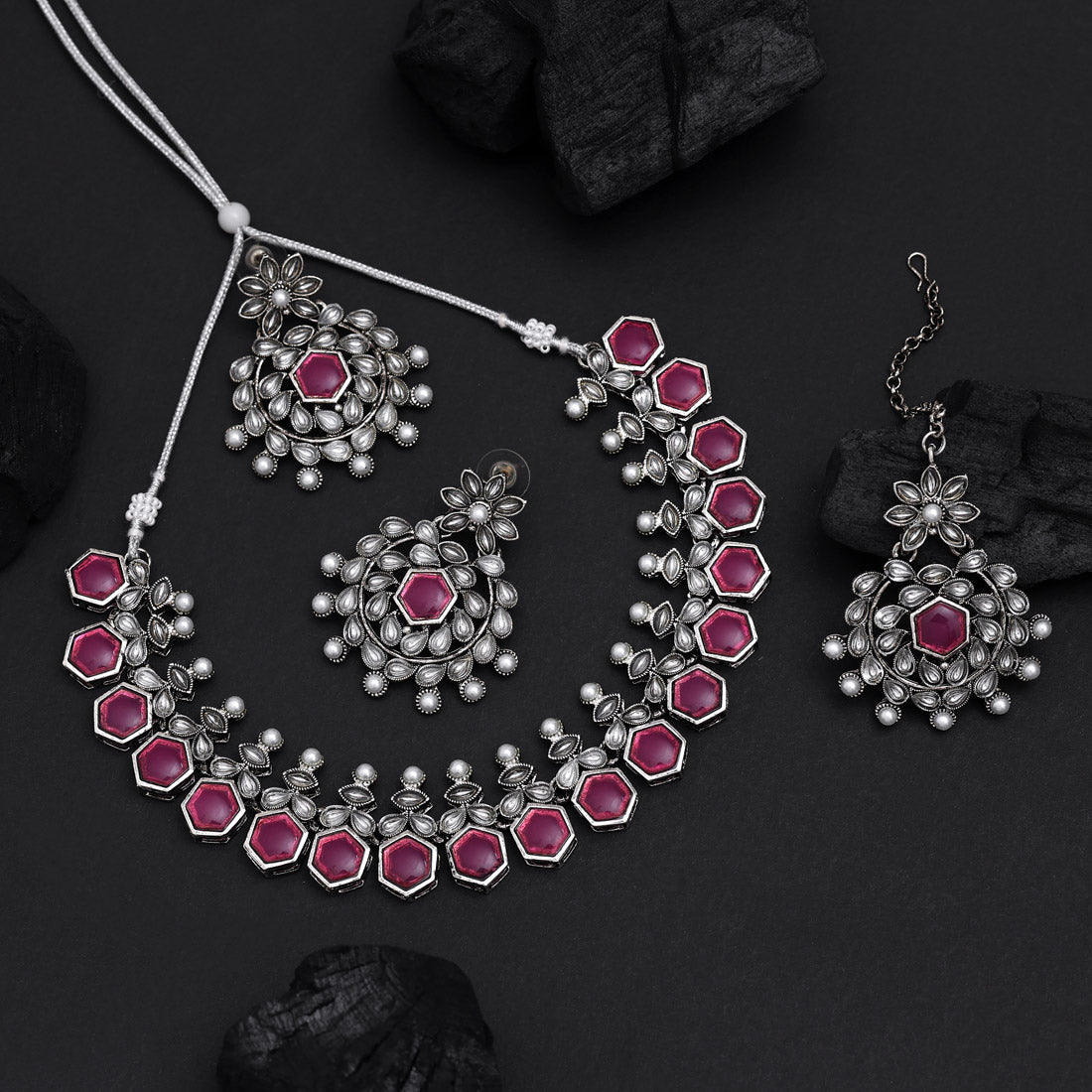 Rani Color Oxidised Necklace Set (GSN2069RNI) - Preyans.com