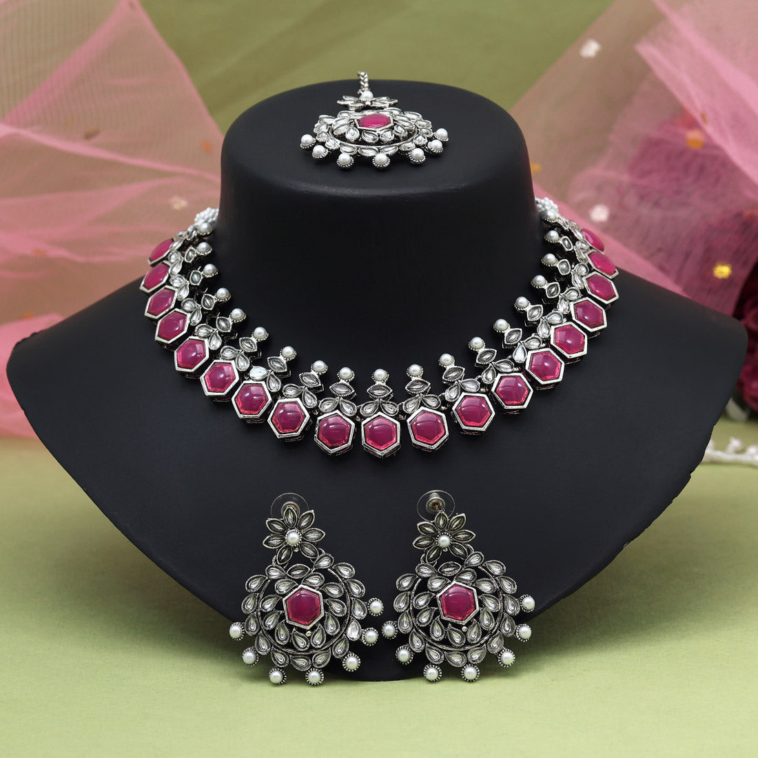 Rani Color Oxidised Necklace Set (GSN2069RNI) - Preyans.com