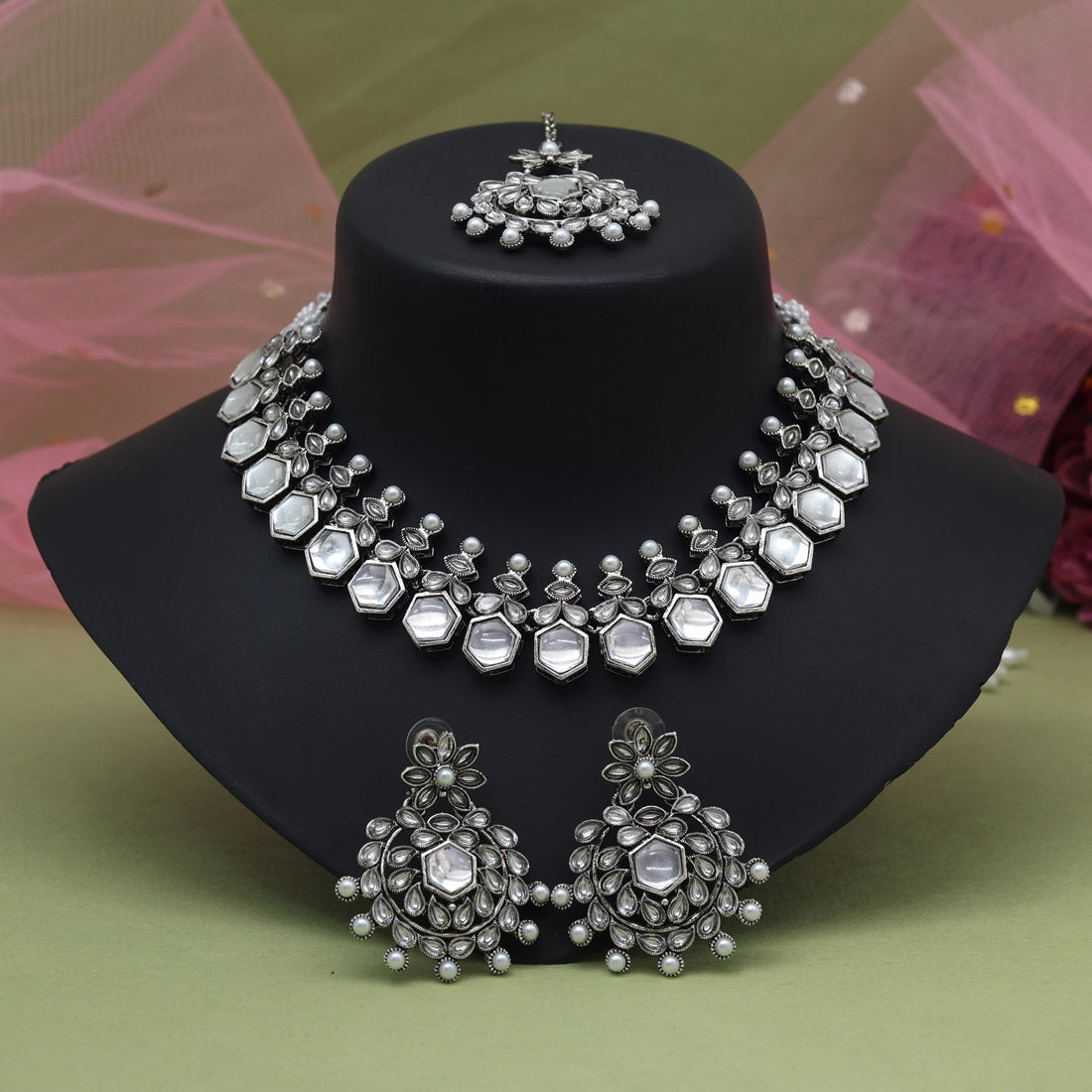 Silver Color Oxidised Necklace Set (GSN2069SLV) - Preyans.com