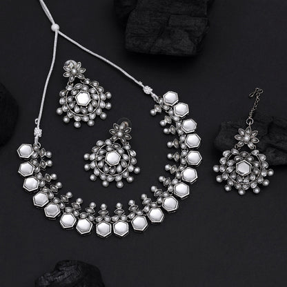 Silver Color Oxidised Necklace Set (GSN2069SLV) - Preyans.com