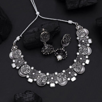 Silver Color Oxidised Necklace Set (GSN2070SLV) - Preyans.com