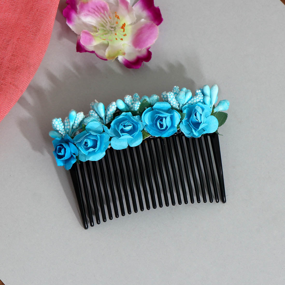 Firozi Color Floral Hair Comb Pin (HRP174FRZ) - preyans.com