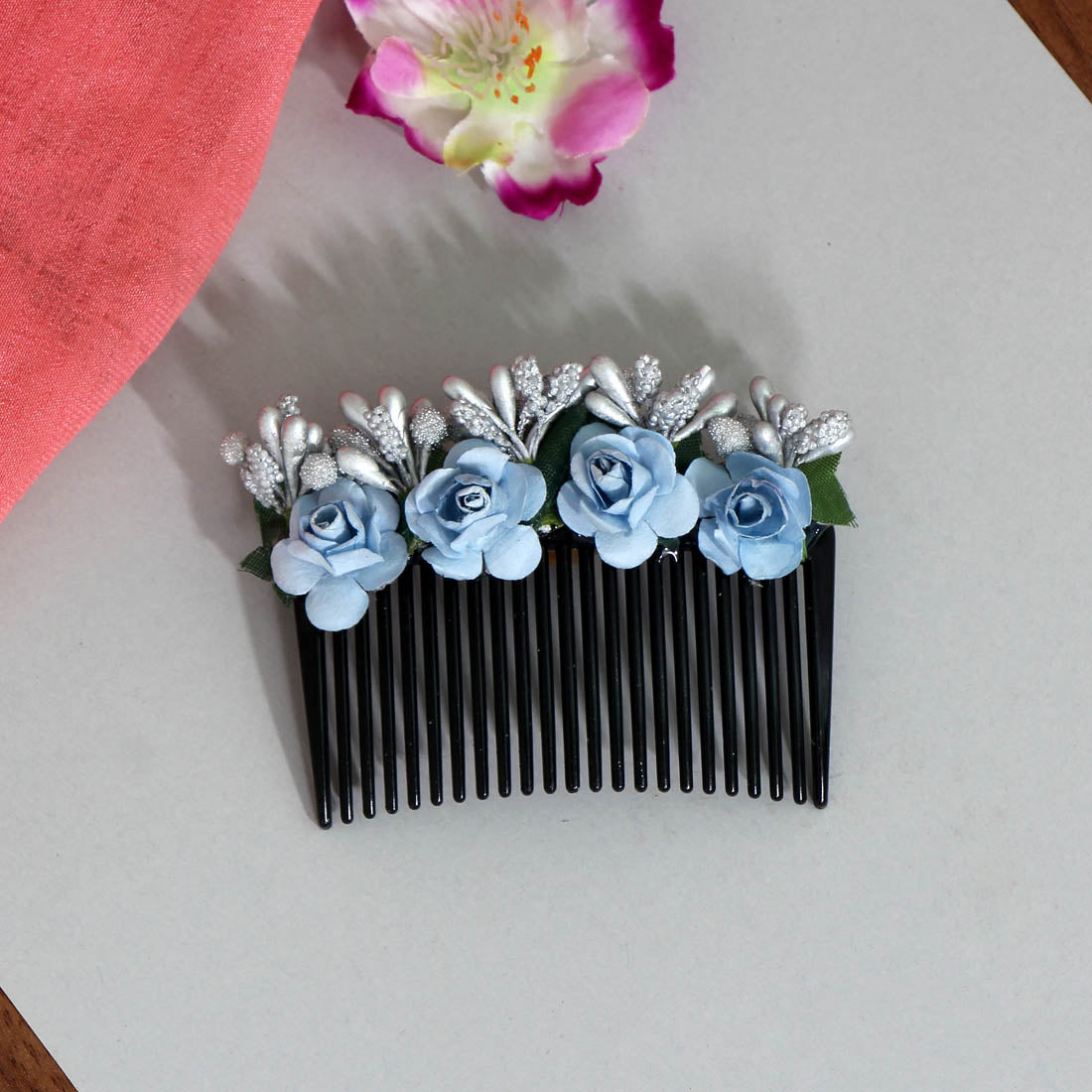 Sky Blue Color Floral Hair Comb Pin (HRP174SBLU) - preyans.com