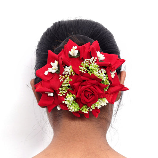 Red Color Rose Floral Hair Juda//Bun (HRP196RED) - Preyans.com