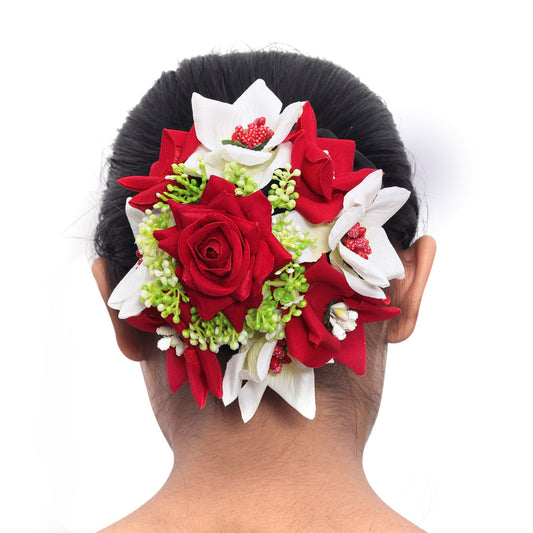 Red & White Color Rose Floral Hair Juda//Bun (HRP201REDWHT) - Preyans.com