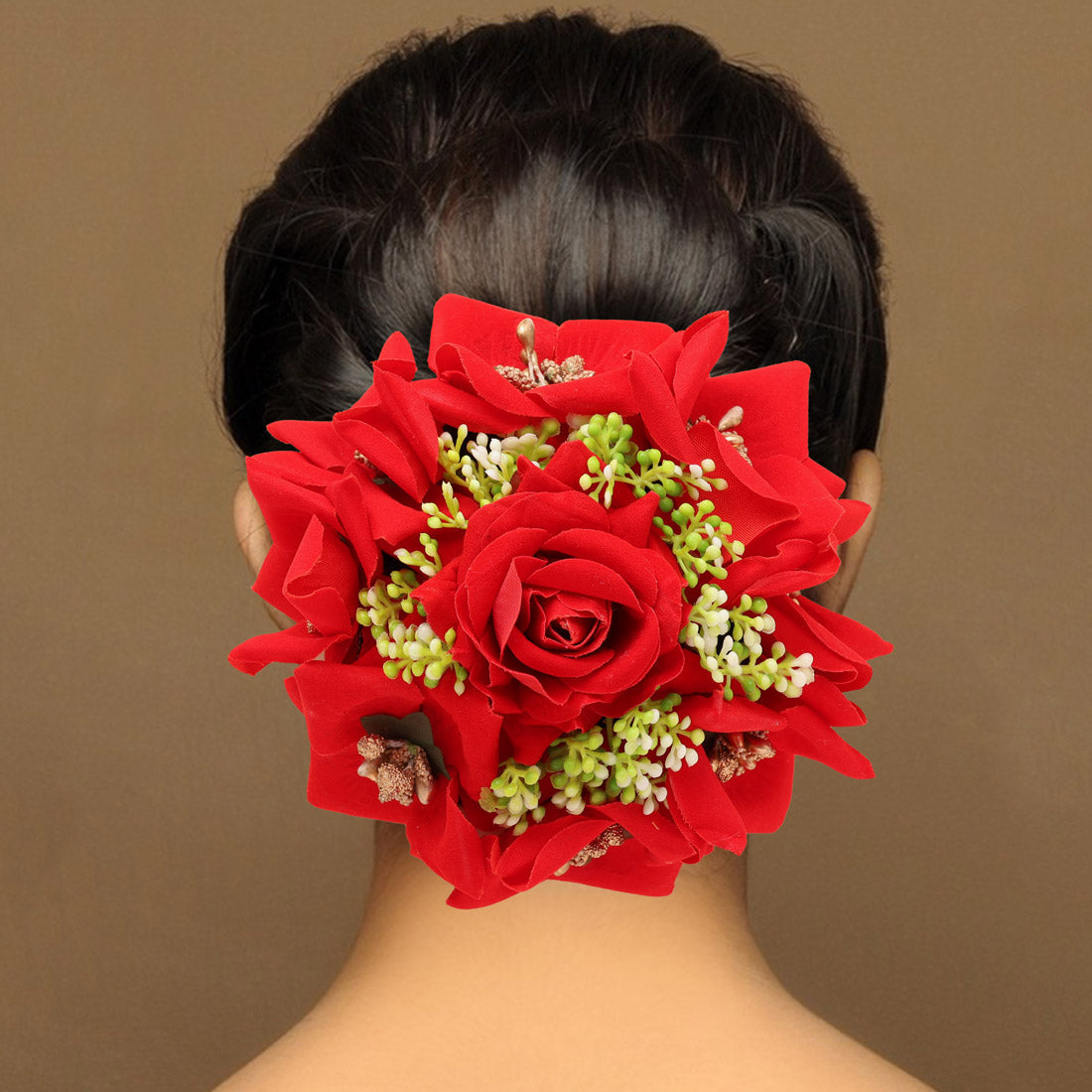 Red Color Rose Flower Hair juda//Bun (HRP214RED) - Preyans.com