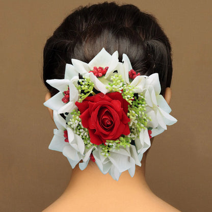 Red & White Color Rose Flower Hair juda//Bun (HRP215REDWHT) - Preyans.com