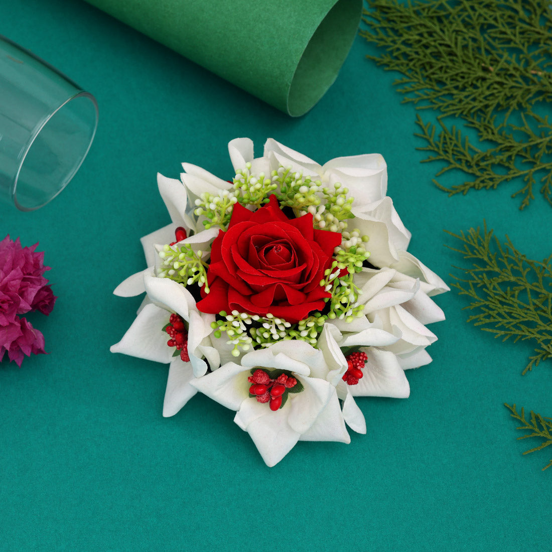 Red & White Color Rose Flower Hair juda//Bun (HRP215REDWHT) - Preyans.com