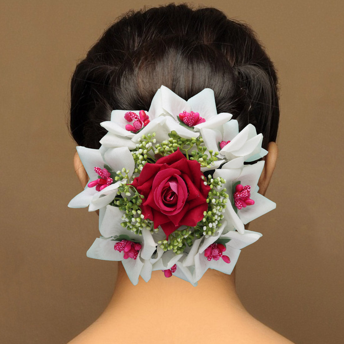 Rani Color Rose Flower Hair juda//Bun (HRP215RNIWHT) - Preyans.com