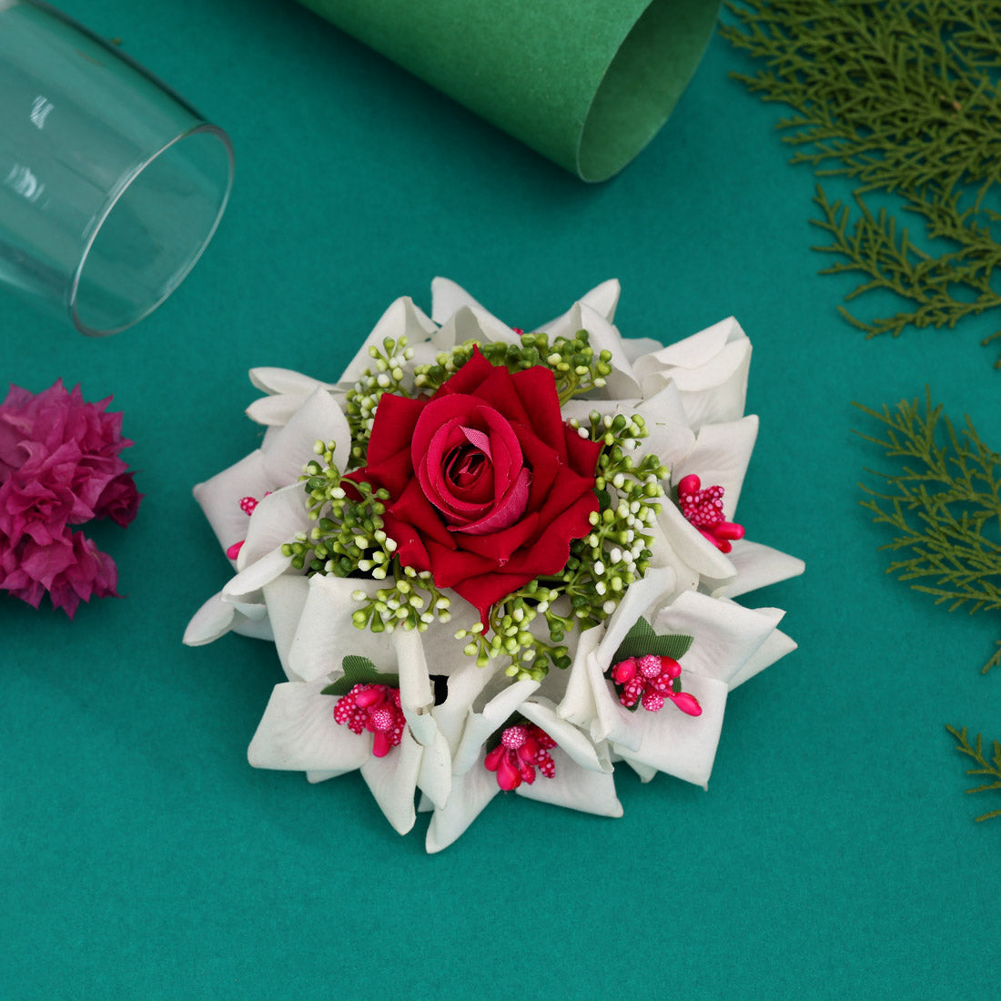 Rani Color Rose Flower Hair juda//Bun (HRP215RNIWHT) - Preyans.com