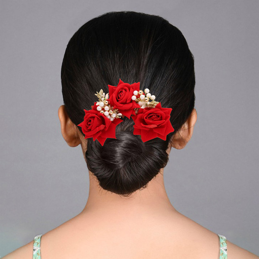 Red Color Rose Flower Gajra For Women Hair Pin (HRP218RED) - Preyans.com