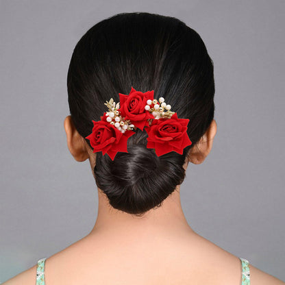 Red Color Rose Flower Gajra For Women Hair Pin (HRP218RED) - Preyans.com