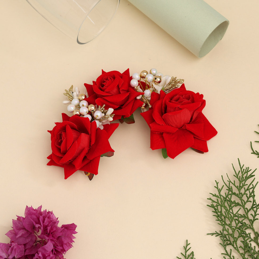 Red Color Rose Flower Gajra For Women Hair Pin (HRP218RED) - Preyans.com