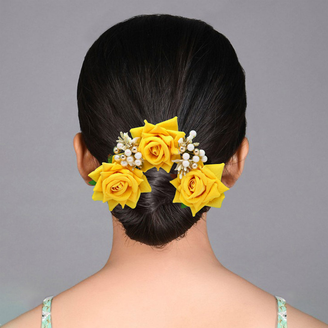 Yellow Color Rose Flower Gajra For Women Hair Pin (HRP218YLW) - Preyans.com