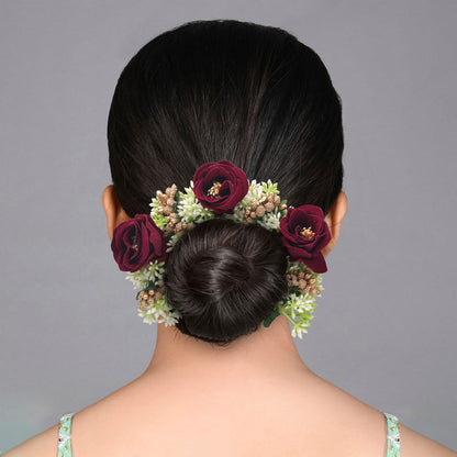Maroon Color Rose Flower Gajra For Women Hair Pin Design - Preyans.com