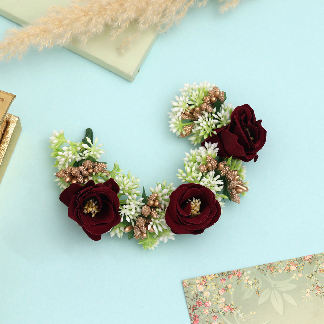 Maroon Color Rose Flower Gajra For Women Hair Pin Design - Preyans.com