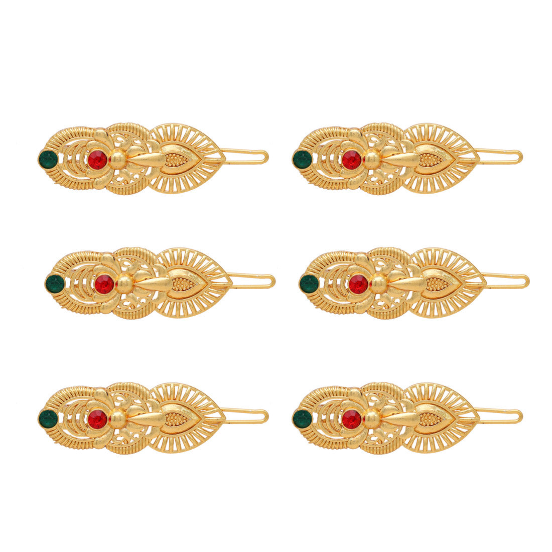 Maroon & Green Color 6 Pieces Gold Plated Hair Pin (HRPCMB226) - preyans.com