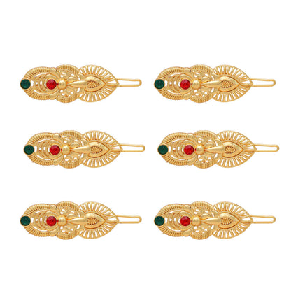 Maroon & Green Color 6 Pieces Gold Plated Hair Pin (HRPCMB226) - preyans.com