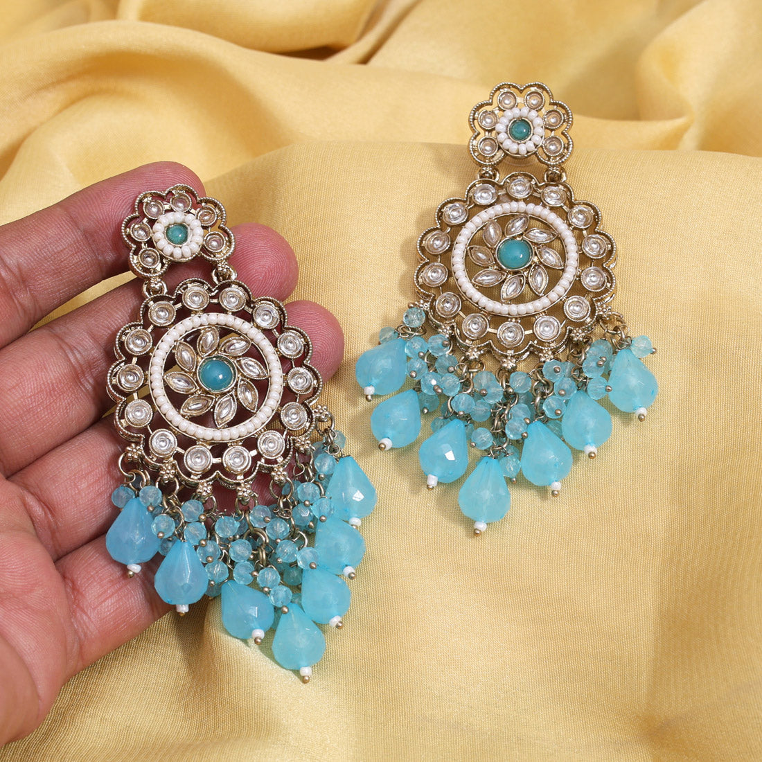 Firozi Color Kundan Earrings (KDE1002FRZ) - Preyans.com