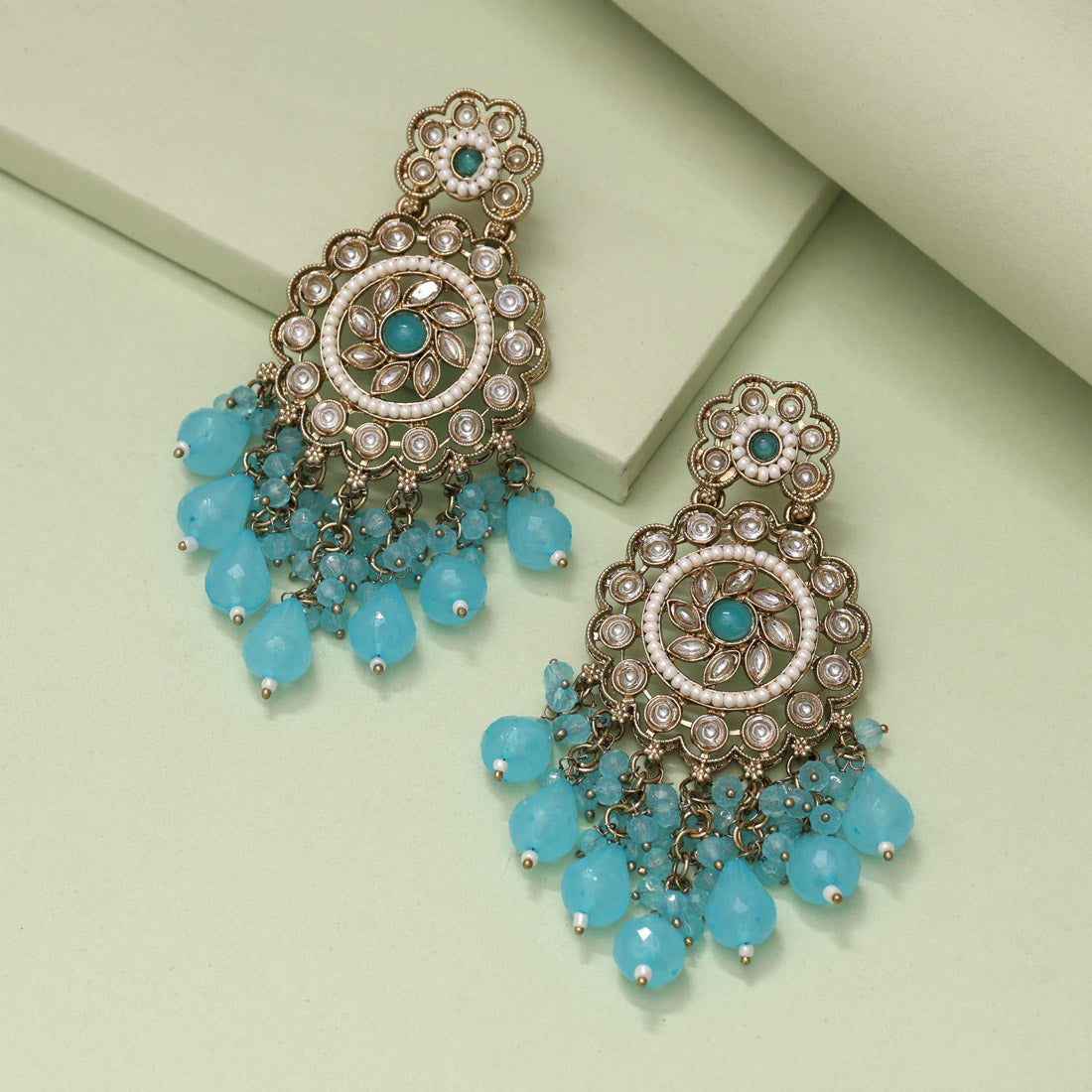 Firozi Color Kundan Earrings (KDE1002FRZ) - Preyans.com