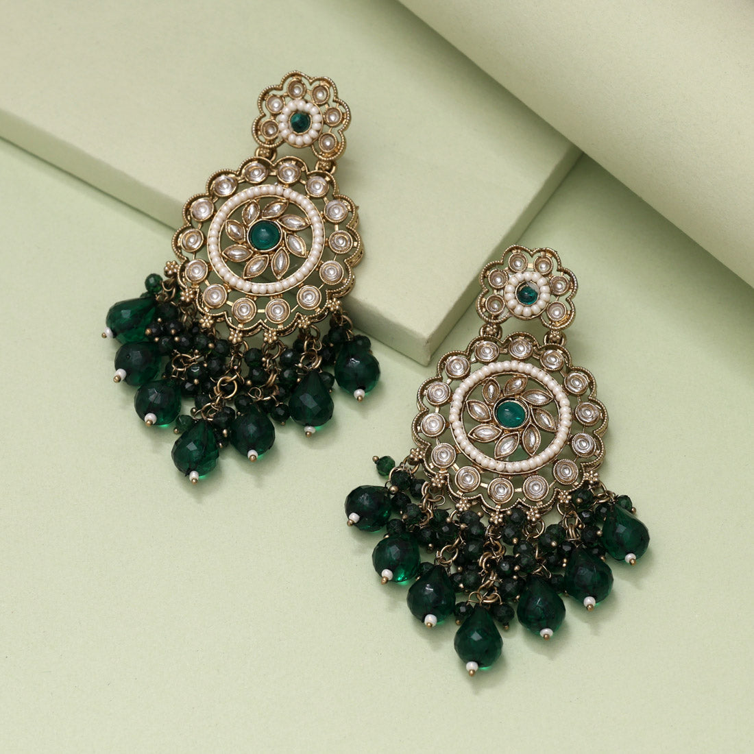 Green Color Kundan Earrings (KDE1002GRN) - Preyans.com