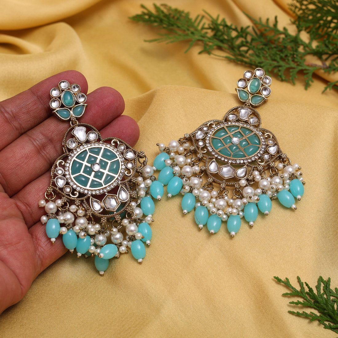 Firozi Color Kundan Earrings (KDE1003FRZ) - Preyans.com