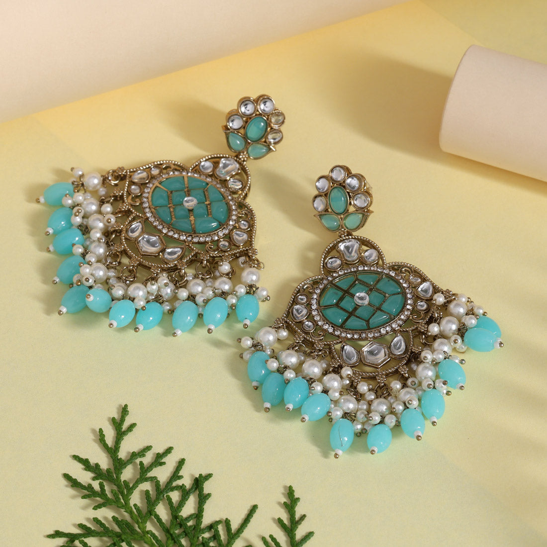 Firozi Color Kundan Earrings (KDE1003FRZ) - Preyans.com