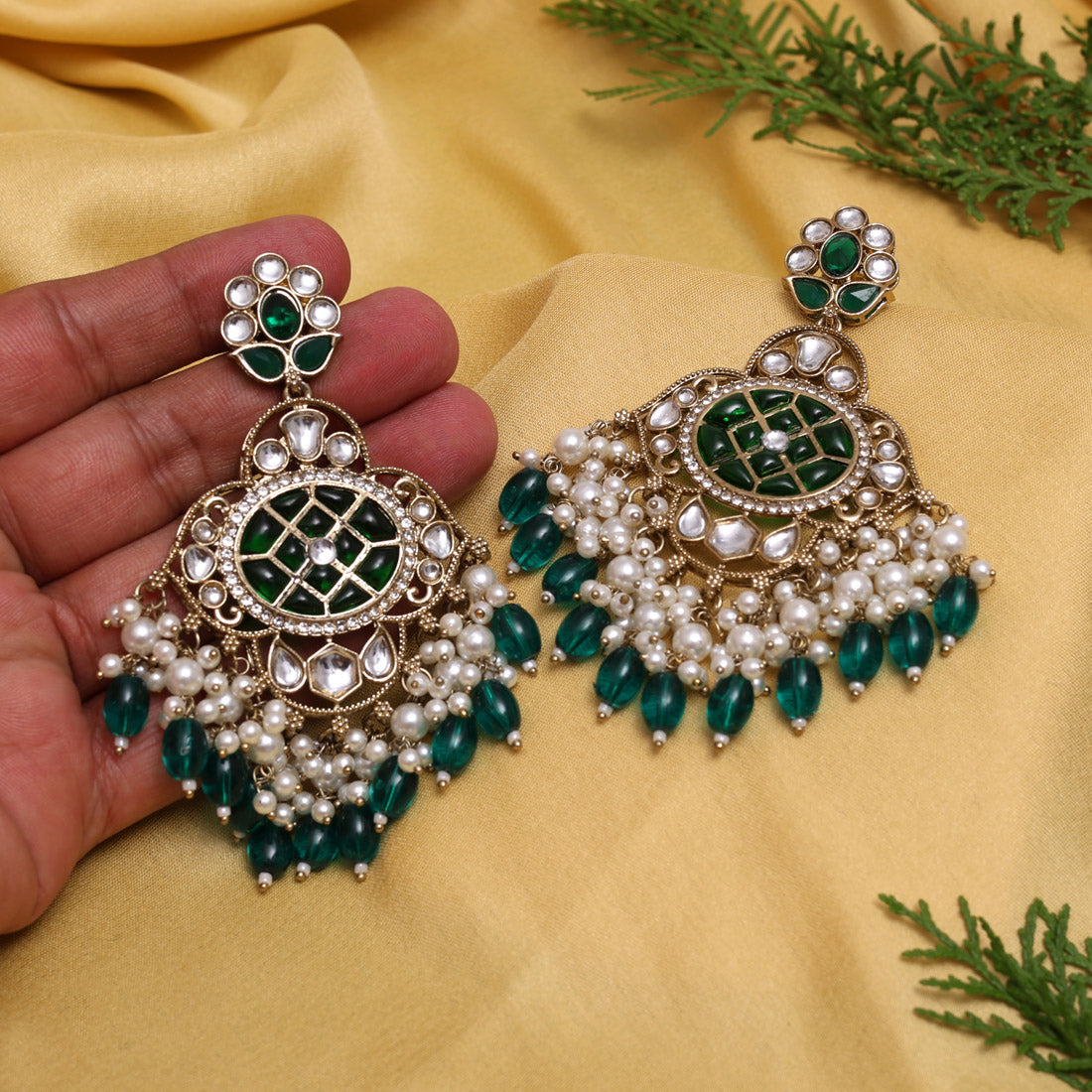 Green Color Kundan Earrings (KDE1003GRN) - Preyans.com