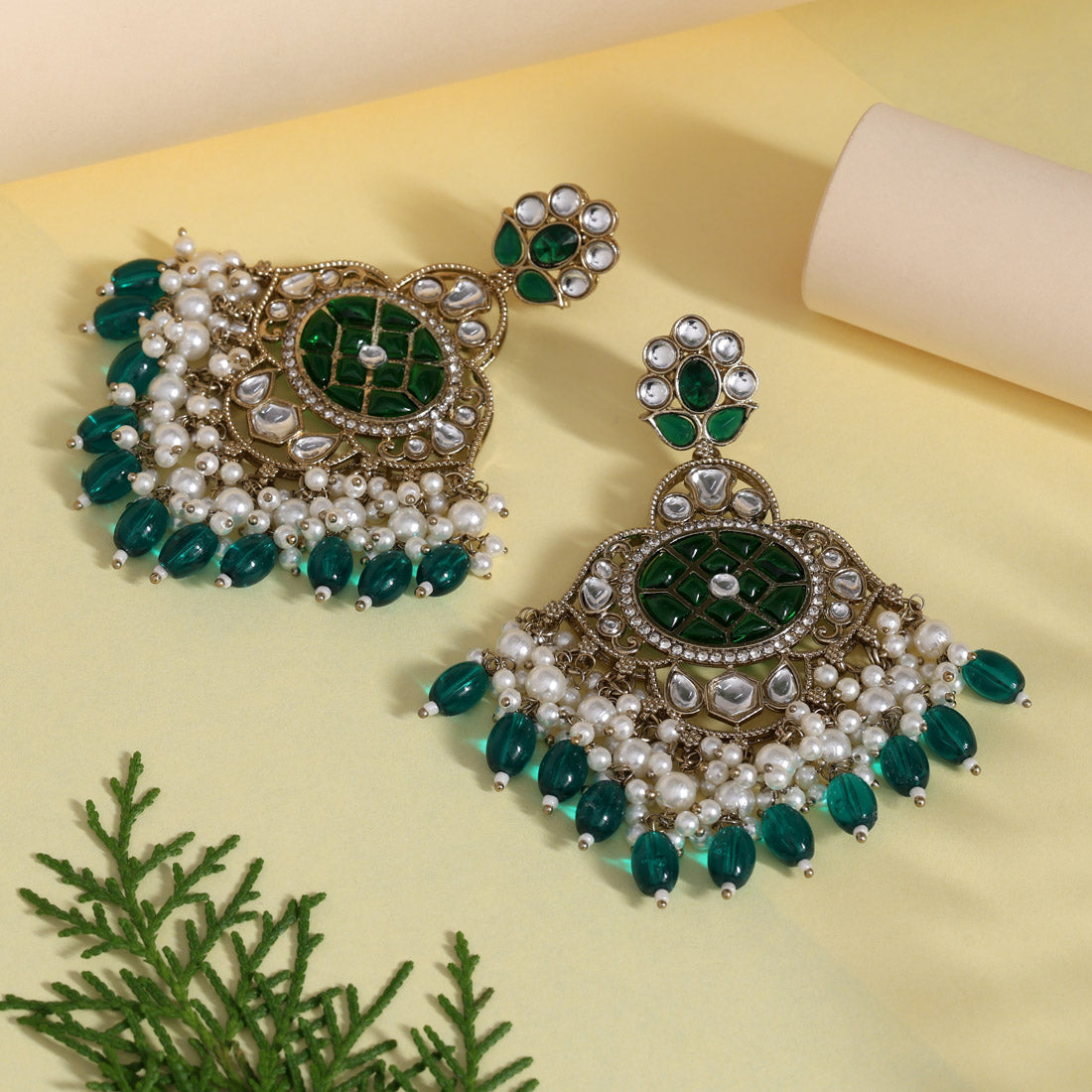 Green Color Kundan Earrings (KDE1003GRN) - Preyans.com