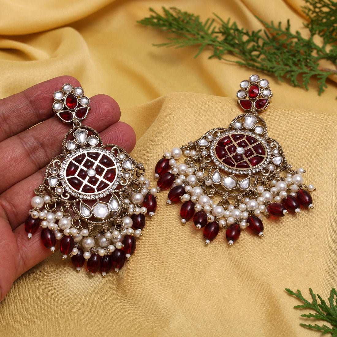 Maroon Color Kundan Earrings (KDE1003MRN) - Preyans.com