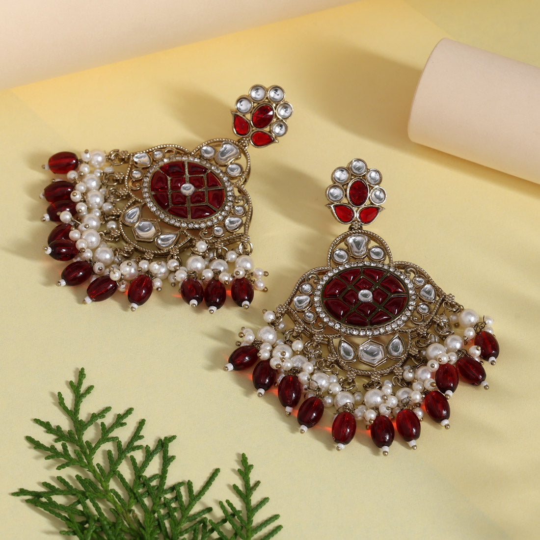 Maroon Color Kundan Earrings (KDE1003MRN) - Preyans.com