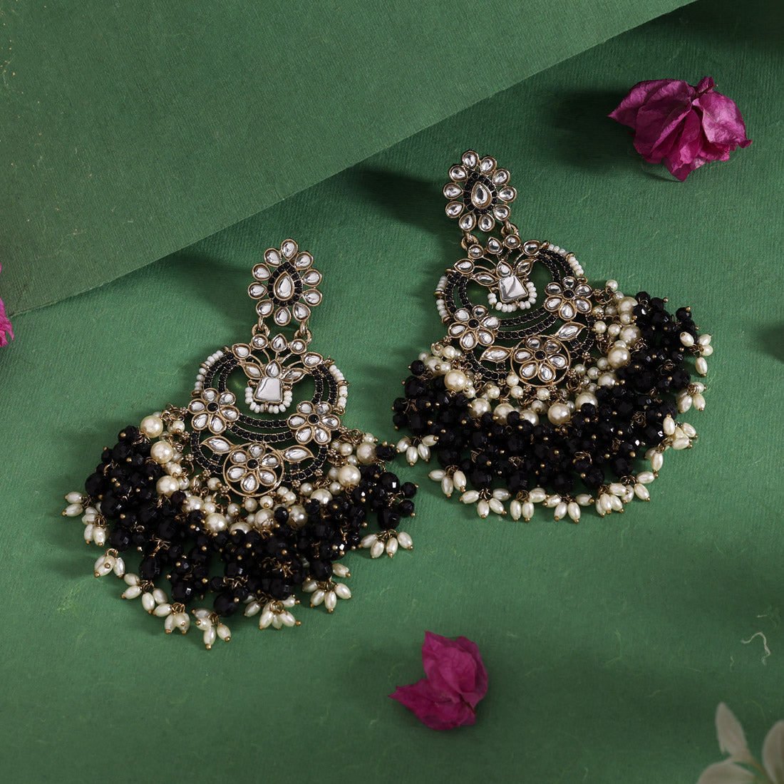 Black Color Pakistani Kundan Earrings (KDE1004BLK) - Preyans.com