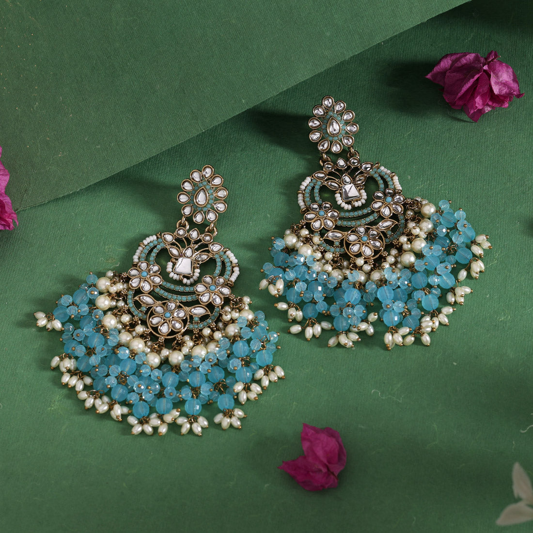 Firozi Color Pakistani Kundan Earrings (KDE1004FRZ) - Preyans.com