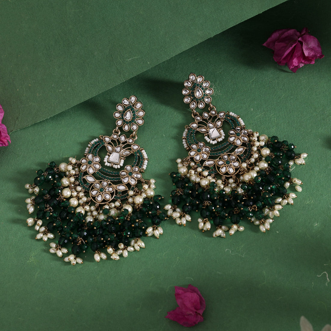 Green Color Pakistani Kundan Earrings (KDE1004GRN) - Preyans.com