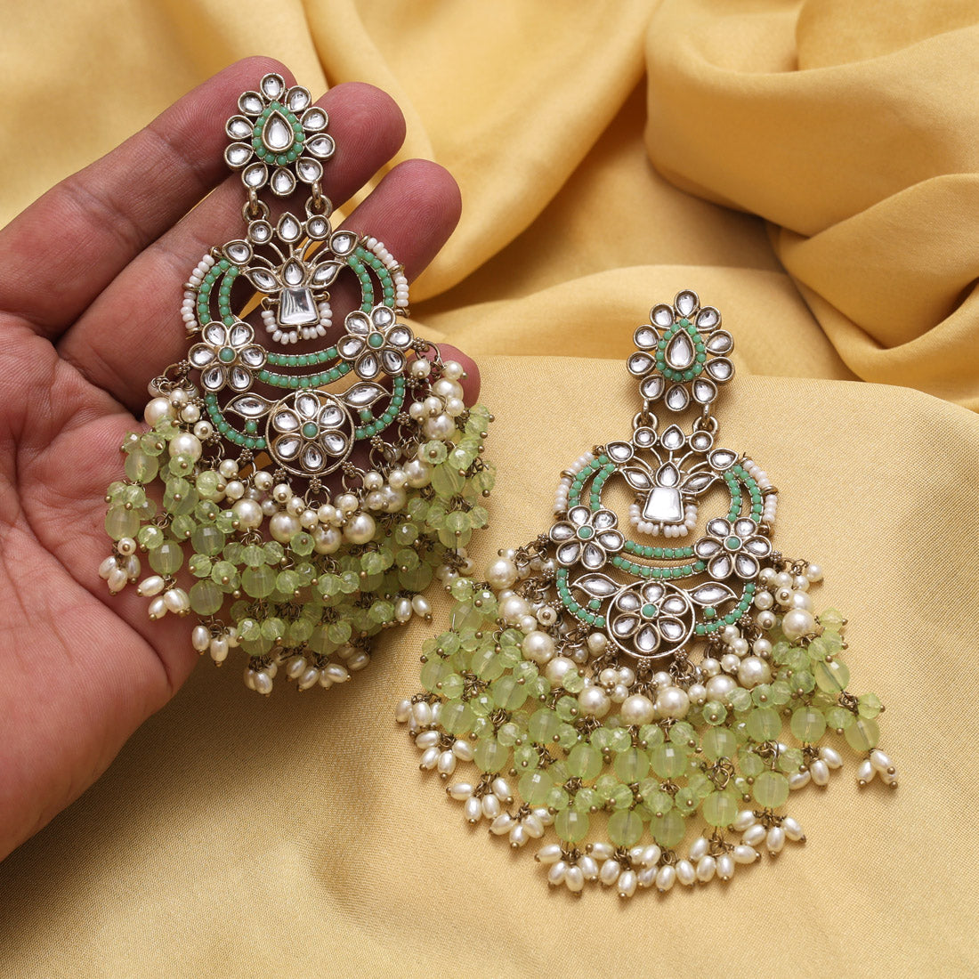 Pista Green Color Pakistani Kundan Earrings (KDE1004PGRN) - Preyans.com