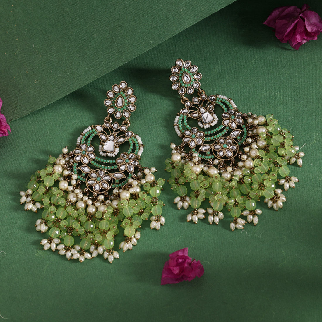 Pista Green Color Pakistani Kundan Earrings (KDE1004PGRN) - Preyans.com