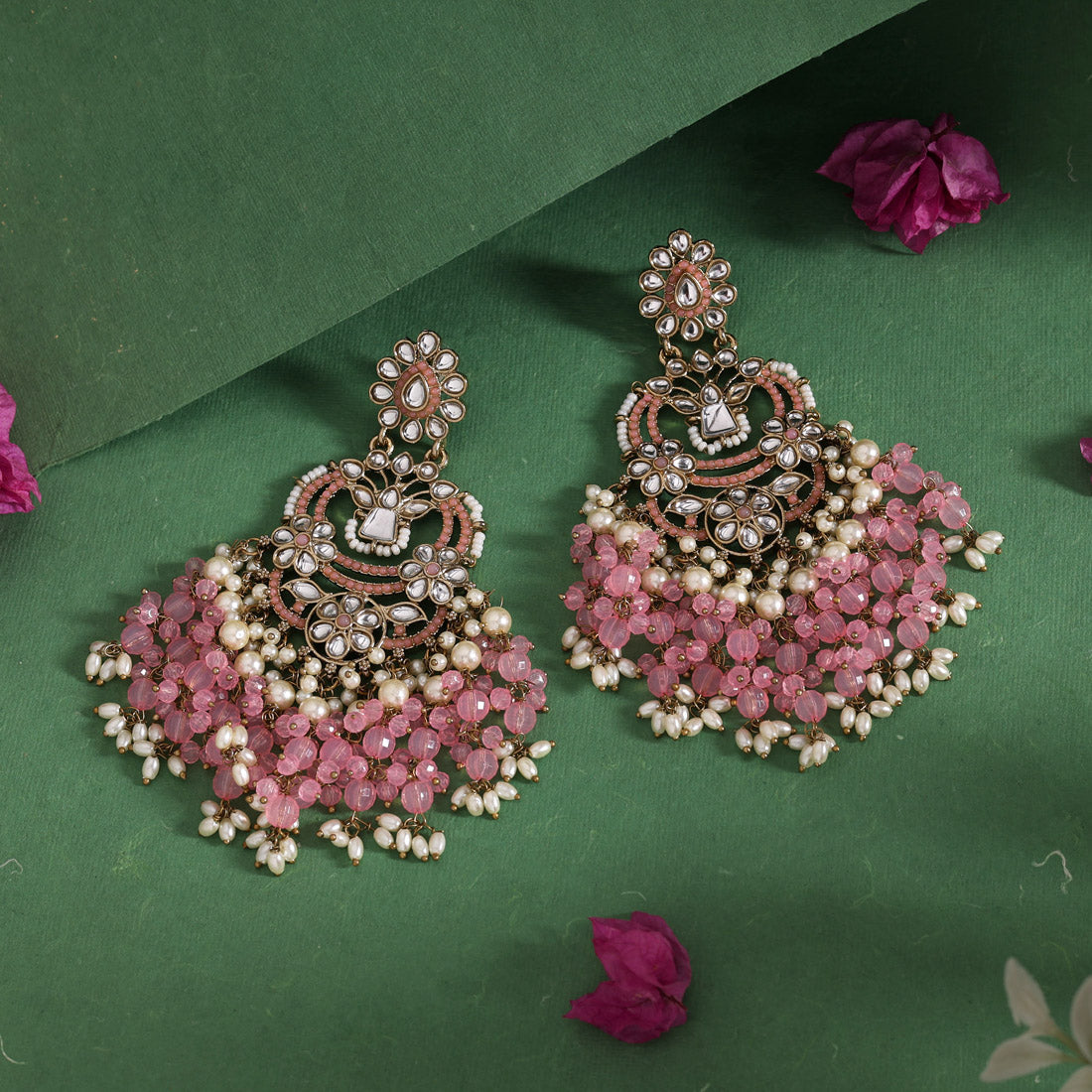 Pink Color Pakistani Kundan Earrings (KDE1004PNK) - Preyans.com