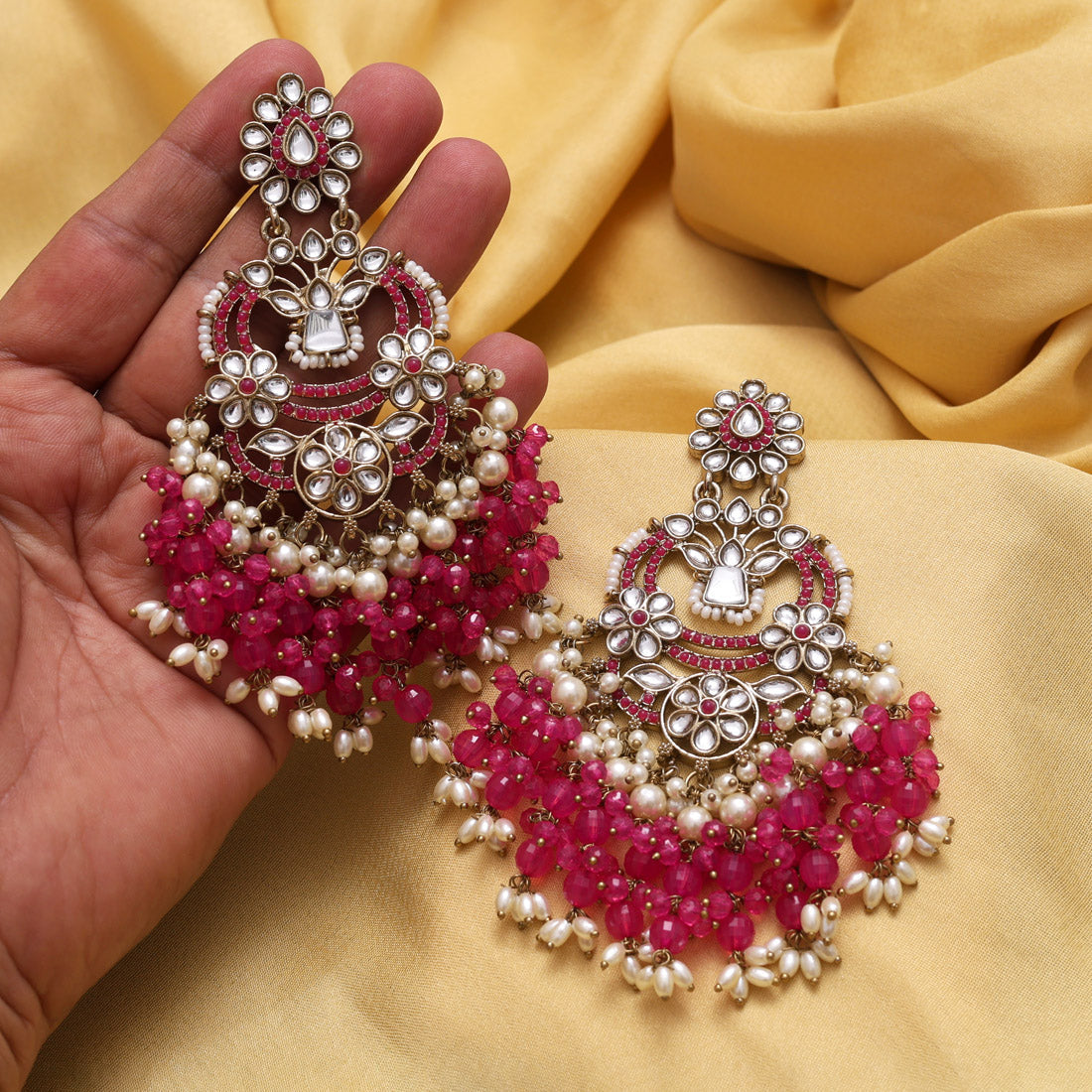 Rani Color Pakistani Kundan Earrings (KDE1004RNI) - Preyans.com