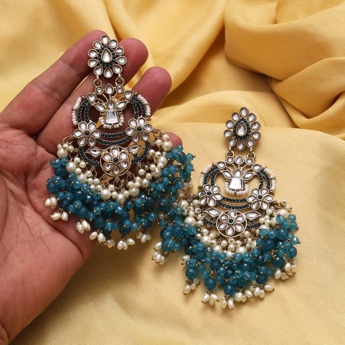 Turquoise Blue Color Pakistani Kundan Earrings (KDE1004TBLU) - Preyans.com