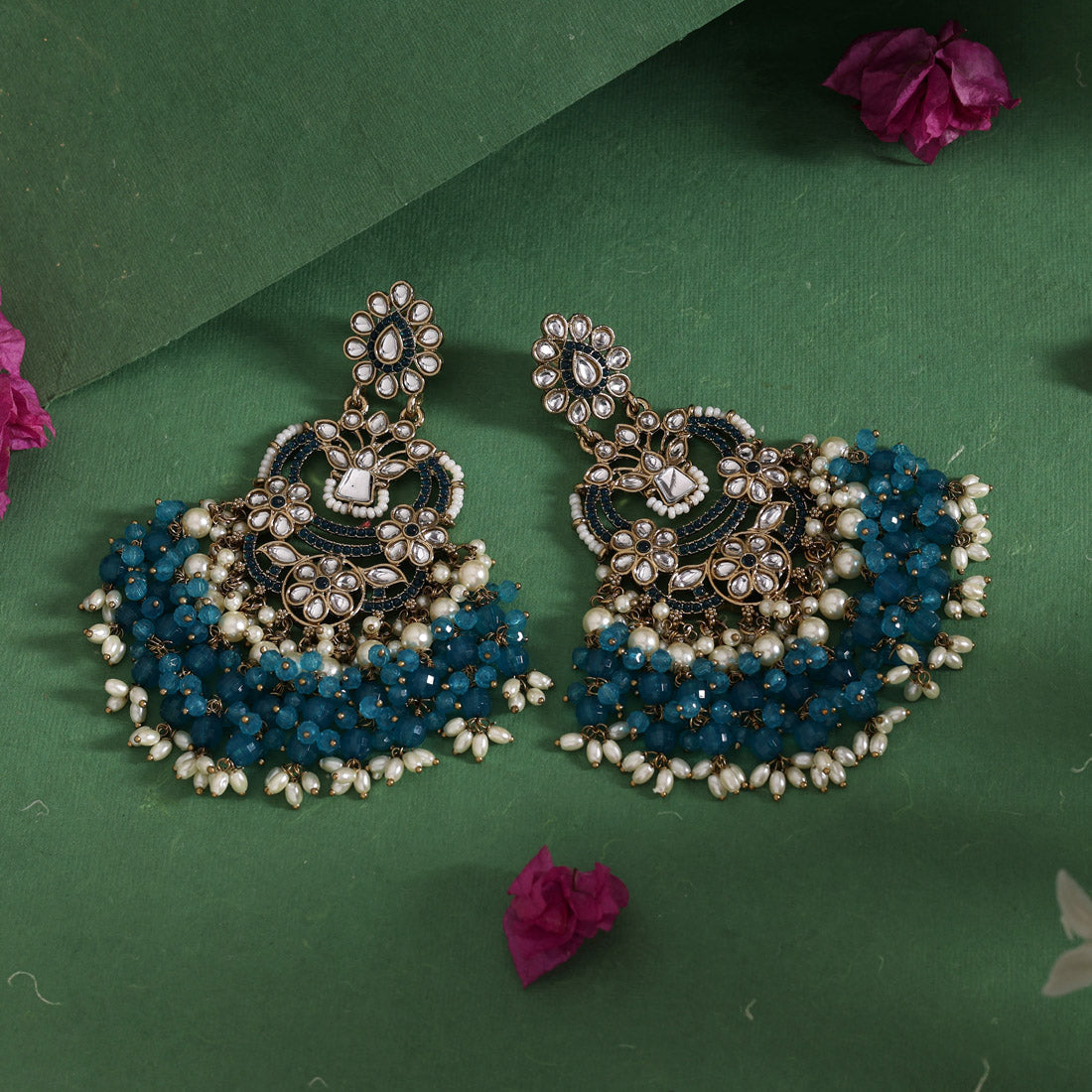 Turquoise Blue Color Pakistani Kundan Earrings (KDE1004TBLU) - Preyans.com